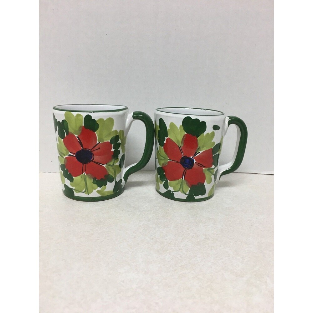SET OF 2 VINTAGE ITALIAN POTTERY HAND PAINTED MUGS CUPS MADE IN ITALY 8oz.